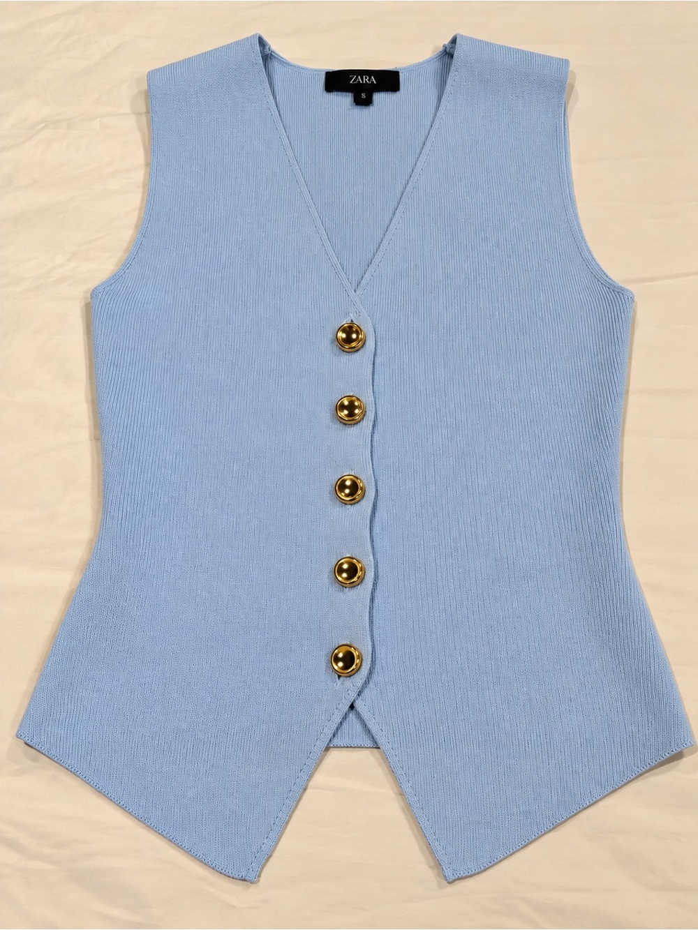 Zara Sky Blue Ribbed Knit Button Vest with Gold Buttons